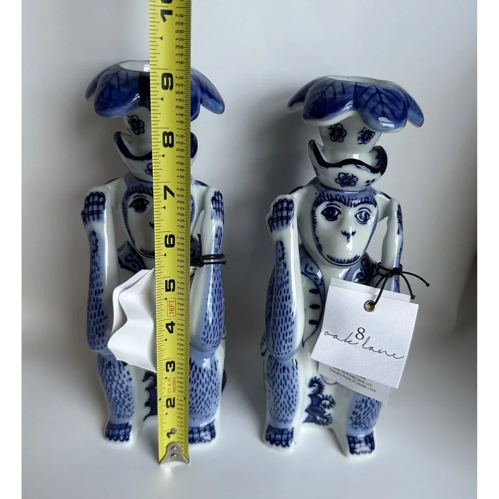 NWT 8 Oak Lane Blue White Porcelain Chinoiserie Monkey Candlestick Set 9 Inch